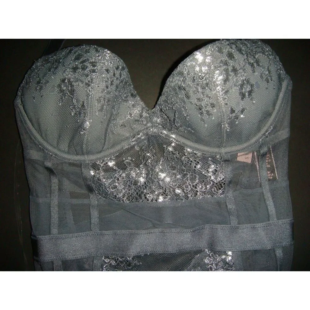 NWT Victoria's Secret 32B,32C garter TEDDY one-piece GRAY SILVER foil VERY SEXY